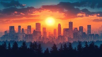 Fototapeta premium A city skyline with a large sun in the sky
