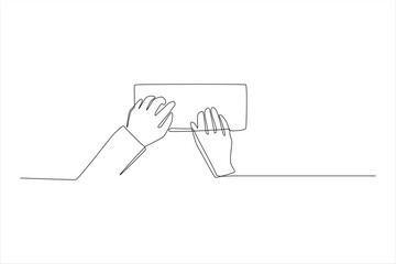 Two hands holding a rectangular object, depicted in a minimalist line art style.