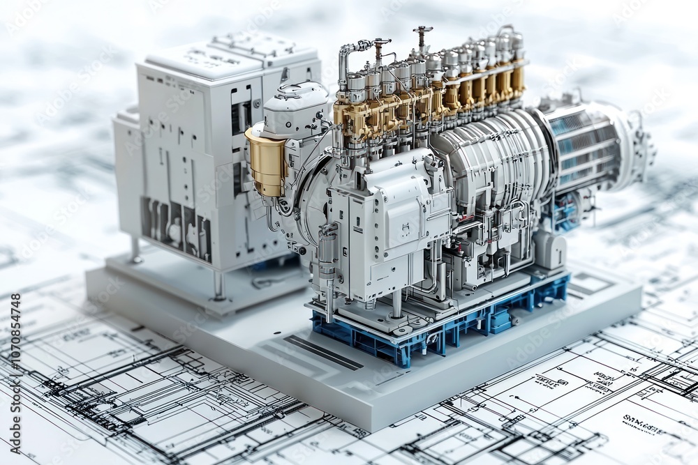 Aufkleber detailed model of a complex engine on engineering blueprints