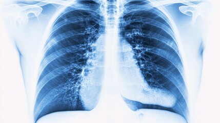 Medical chest X-ray image showing detailed anatomy of lungs and heart, essential diagnostic tool for detecting respiratory and cardiovascular conditions.
