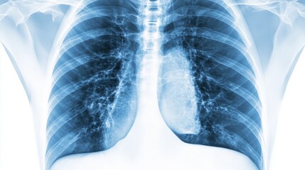 Medical chest X-ray image showing detailed anatomy of lungs and heart, essential diagnostic tool for detecting respiratory and cardiovascular conditions.
