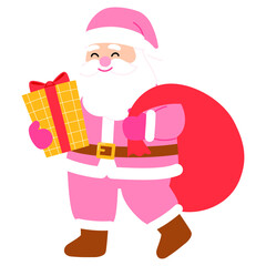 chubby santa claus with pink costume carry a red sack and yellow gift illustration