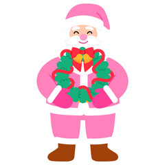 chubby santa claus in pink costume holding christmas wreath, christmas bell and red ribbon illustration