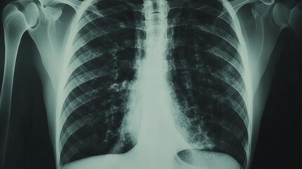 Medical chest X-ray image showing detailed anatomy of lungs and heart, essential diagnostic tool for detecting respiratory and cardiovascular conditions.
