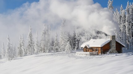 Winter wonderland with a rustic cabin and snow-covered trees, smoke drifting into the sky. Festive holiday card background with space for text.