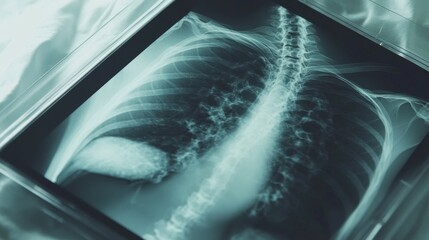 Medical chest X-ray image showing detailed anatomy of lungs and heart, essential diagnostic tool for detecting respiratory and cardiovascular conditions.

