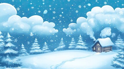 Winter wonderland with a rustic cabin and snow-covered trees, smoke drifting into the sky. Festive holiday card background with space for text.