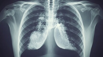 Medical chest X-ray image showing detailed anatomy of lungs and heart, essential diagnostic tool for detecting respiratory and cardiovascular conditions.
