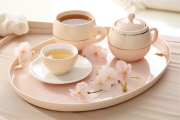 Fototapeta premium Elegant minimalist tea ceremony with pastel tea set and natural floral accents in soft light