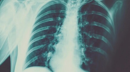 Medical chest X-ray image showing detailed anatomy of lungs and heart, essential diagnostic tool for detecting respiratory and cardiovascular conditions.
