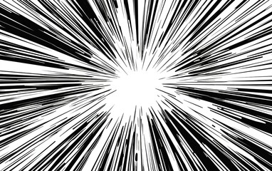 Dynamic black and white burst design featuring radial lines radiating from a central point, creating a sense of energy and movement in abstract art