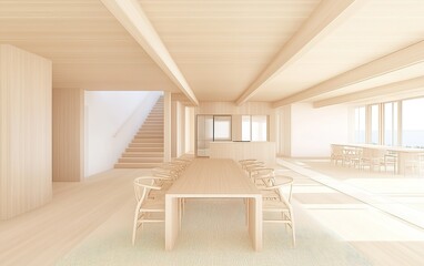 Minimalist dining area with large table and natural light in a modern coastal home design