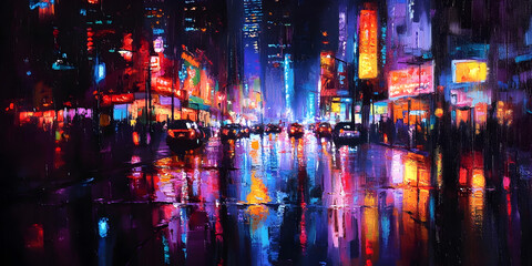 Obraz premium Neon City Dreams: A vibrant and captivating cityscape bathed in the glow of neon lights, reflecting in the wet asphalt of a rainy night.