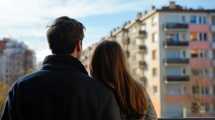 Rear view of a young couple man and woman looking at a residential building standing outside on the street.