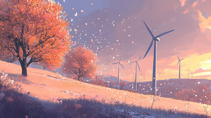 A picturesque autumnal scene with a row of wind turbines silhouetted against a vibrant sunset sky.  The wind is gently blowing, creating a peaceful ambiance.