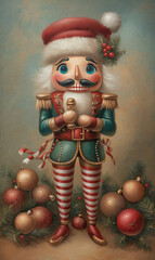 Vintage post card with nutcracker in striped stockings.