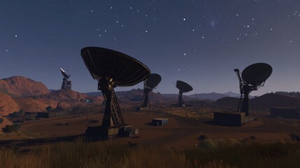 Earth receiving station in a remote desert location, where satellite signals are decoded and transmitted to control centers. The scene symbolizes global connectivity and the seamless flow of informati