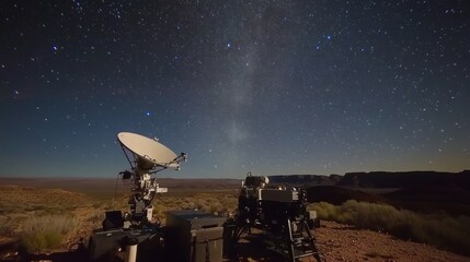 Earth receiving station in a remote desert location, where satellite signals are decoded and transmitted to control centers. The scene symbolizes global connectivity and the seamless flow of informati