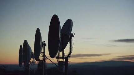 Earth receiving station in a remote desert location, where satellite signals are decoded and transmitted to control centers. The scene symbolizes global connectivity and the seamless flow of informati