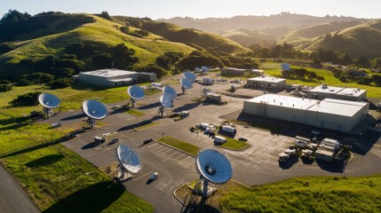 Earth receiving station in a remote desert location, where satellite signals are decoded and transmitted to control centers. The scene symbolizes global connectivity and the seamless flow of informati