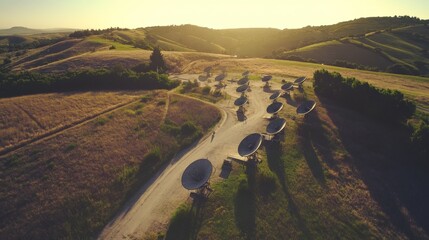 Earth receiving station in a remote desert location, where satellite signals are decoded and transmitted to control centers. The scene symbolizes global connectivity and the seamless flow of informati