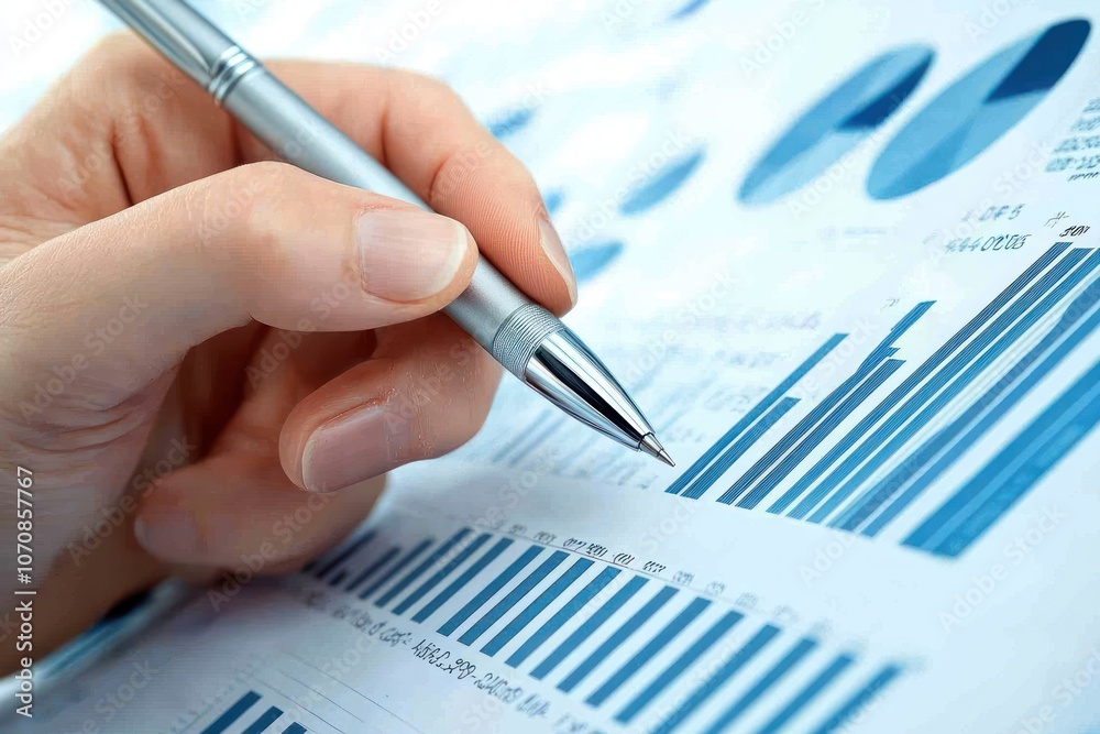 Aufkleber close-up of a hand holding a pen over a bar graph on a sheet of paper