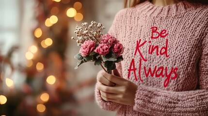 Be kind always text on woman's clothing as she holds flowers
