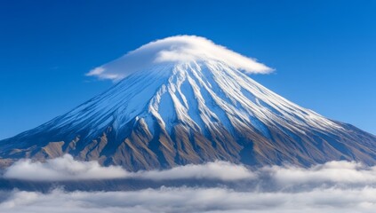 High Mountain Peak Shrouded in Snow with Clouds and Mist