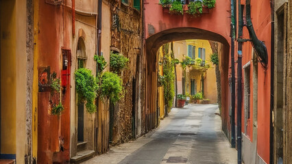 Fototapeta premium Charming narrow alleyway adorned with plants in a colorful Mediterranean village