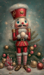 Vintage post card with nutcracker with Christmas decorations.