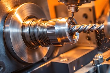 Naklejka premium Metalworking Machine Cutting a Metal Rod with Sparks Flying