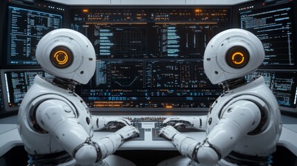 AI assistants engaged in data analysis within a high-tech control room environment