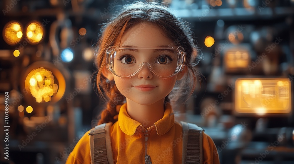 Poster virtual assistant avatar in augmented reality app showcasing technology in a futuristic lab setting