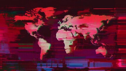 Obraz premium Global communications disruption illustration depicting a world map with broken connections, symbolizing the impact of severed networks on international collaboration and information exchange.