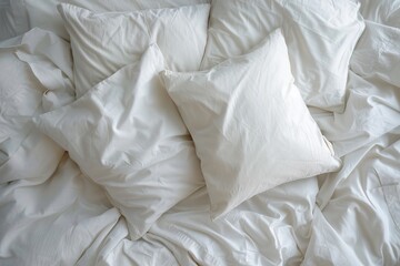 Obraz premium White pillow and bedding background with a messy arrangement, symbolizing comfort and everyday life