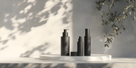 Obraz premium Serene Skincare Display: Matte black cosmetic bottles and containers on a marble tray, bathed in soft, natural light and shadow. A minimalist aesthetic with organic elements. 