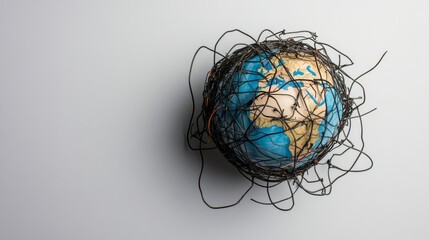 Global communications disruption illustration depicting a world map with broken connections, symbolizing the impact of severed networks on international collaboration and information exchange.
