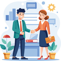 People shaking hands at work - Two businesspeople, man and woman doing handshake in office at work while smiling over business agreement and deal. Flat design stock illustration on white background
