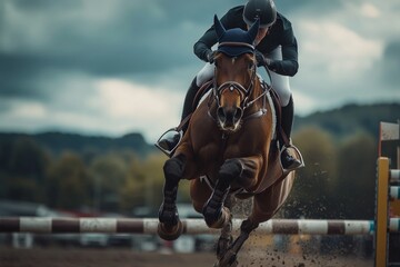 Naklejka premium A rider gracefully leaps over an obstacle in an equestrian event. The bond between horse and rider is remarkable. This image captures the essence of competition. Generative AI