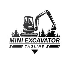 Mini excavator logo template with trees. 