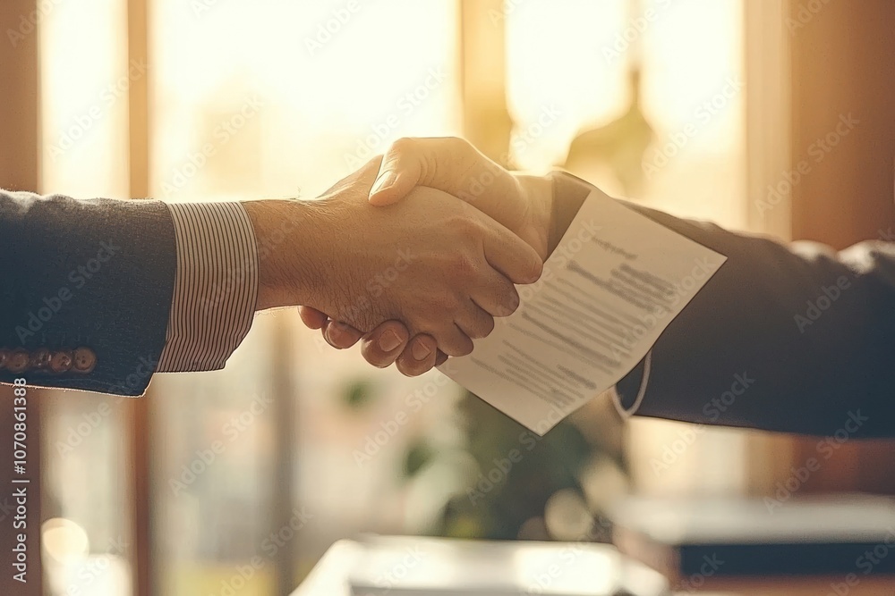 Poster handshake agreement with document in office setting
