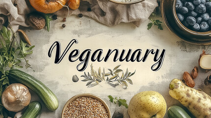 Banner with vegetables, fruits and berries and the inscription Veganuary. Vegan lifestyle.