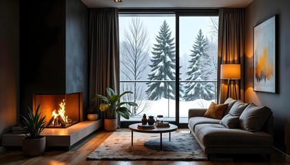 Cozy Living Room with warm fireplace and winter View  