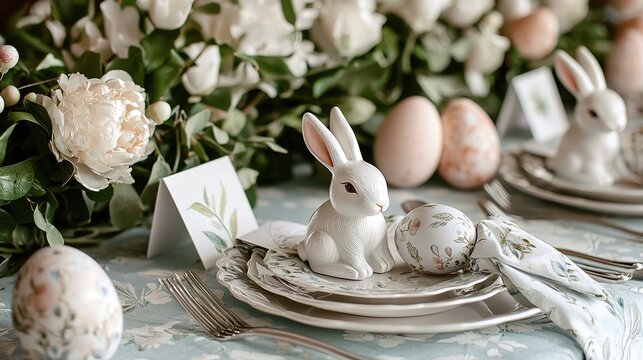 Create an elegant easter table setting with adorable bunny decor and fresh floral arrangements