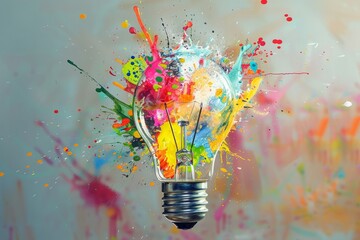 Artistic depiction of an exploding light bulb filled with a splash of colors, emblematic of a fresh, creative idea