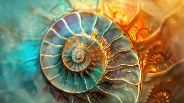 Nautilus shell in closeup, showcasing its iconic spiral pattern. The shell's geometric design is a stunning piece of nature's art.