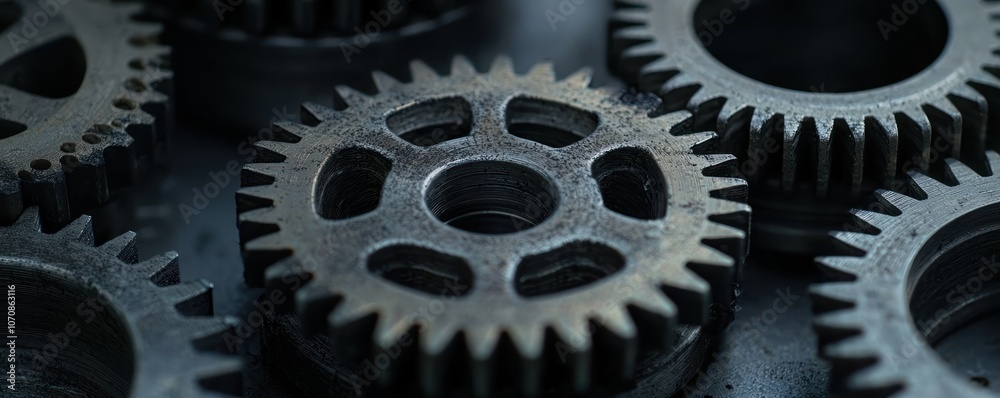 Poster close-up of interlocking metal gears with detailed texture