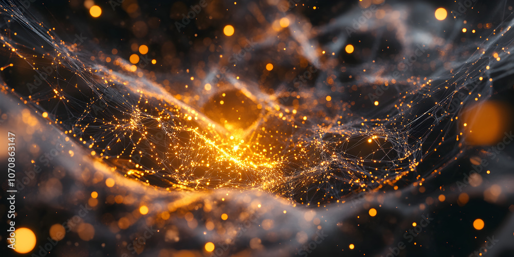 Poster cosmic spark: a mesmerizing abstract image of a vibrant, golden spark igniting within a web of intri