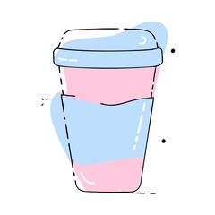 A cup with a blue lid and pink interior. The cup is sitting on a white background. The cup is a cartoonish drawing of a coffee cup