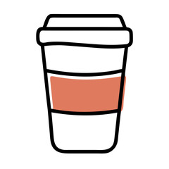 A coffee cup with a red handle and a white lid. The cup is filled with a liquid, but the exact contents are not visible